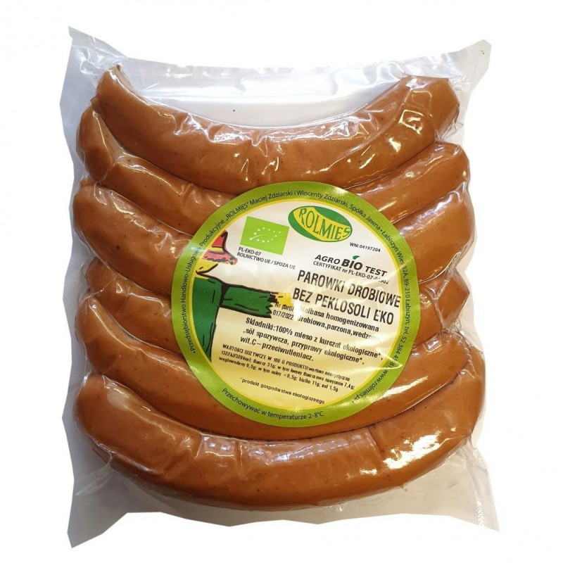 PARÓWKI DROBIOWE 100% BEZ PEKLOSOLI EKOLOGICZNE – 200g – ROLMIĘS