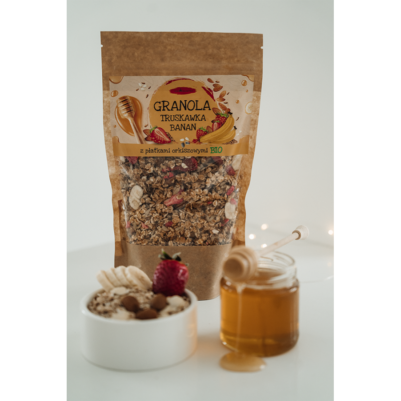 GRANOLA ORKISZOWA BANAN, TRUSKAWKI – 300 g - AGA BAGIETKA