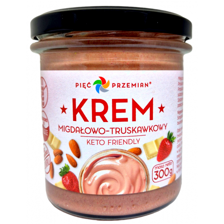 KREM MIGDAŁOWO - CZEKOLADOWO - TRUSKAWKOWY BEZ DODATKU CUKRÓW BEZGLUTENOWY KETO 300 g - PIĘĆ PRZEMIAN