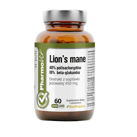 GRZYBY SOPLÓWKA JEŻOWATA (LION'S MANE) EKSTRAKT (450 mg) BEZGLUTENOWY 60 KAPSUŁEK - PHARMOVIT (CLEAN LABEL)