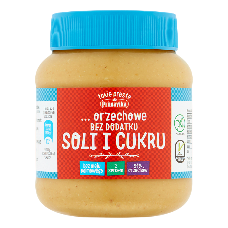 KREM Z PRAŻONYCH ORZESZKÓW ZIEMNYCH BEZ DODATKU SOLI I CUKRU BEZGLUTENOWY 350 g - PRIMAVIKA