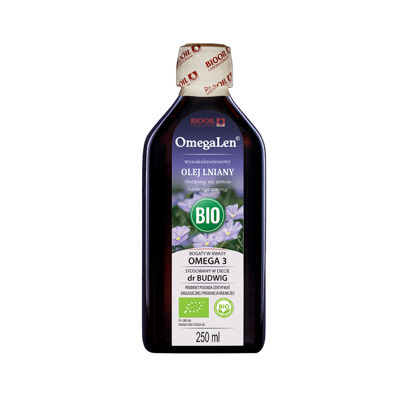 OLEJ LNIANY TŁOCZONY NA ZIMNO WYSOKOLINOLENOWY BIO 250 ml - OMEGALEN (BIOOIL)