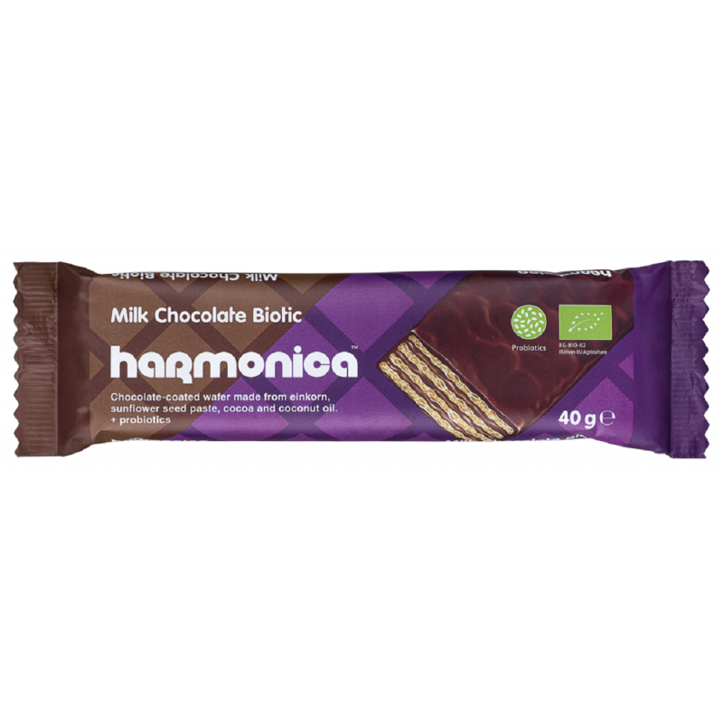 WAFELEK Z SAMOPSZY Z KREMEM MLECZNO - KAKAOWYM W POLEWIE Z MLECZNEJ CZEKOLADY Z PROBIOTYKAMI BIO 40 g - HARMONICA