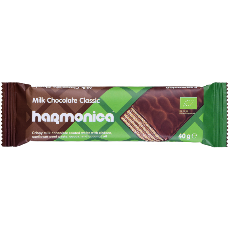 WAFELEK Z SAMOPSZY Z KREMEM MLECZNO - KAKAOWYM W POLEWIE Z MLECZNEJ CZEKOLADY BIO 40 g - HARMONICA