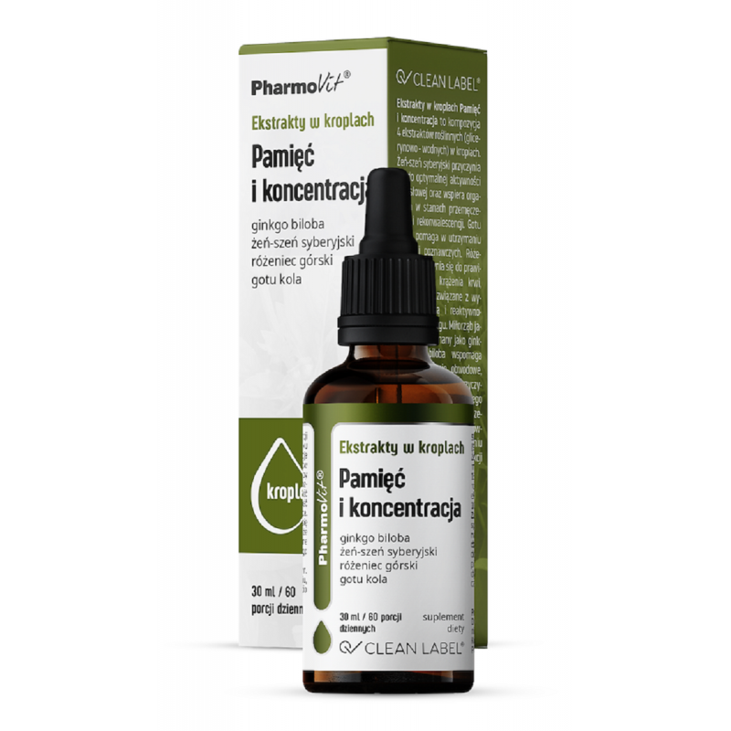 EKSTRAKTY W KROPLACH NA PAMIĘĆ I KONCENTRACJĘ BEZGLUTENOWE 30 ml - PHARMOVIT (CLEAN LABEL)