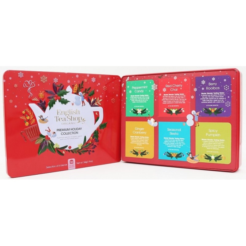 ZESTAW HERBAT I HERBATEK ŚWIĄTECZNYCH PREMIUM BIO W PUSZCE  (6 SMAKÓW) (36 x 1,5 g) 54 g - ENGLISH TEA SHOP ORGANIC