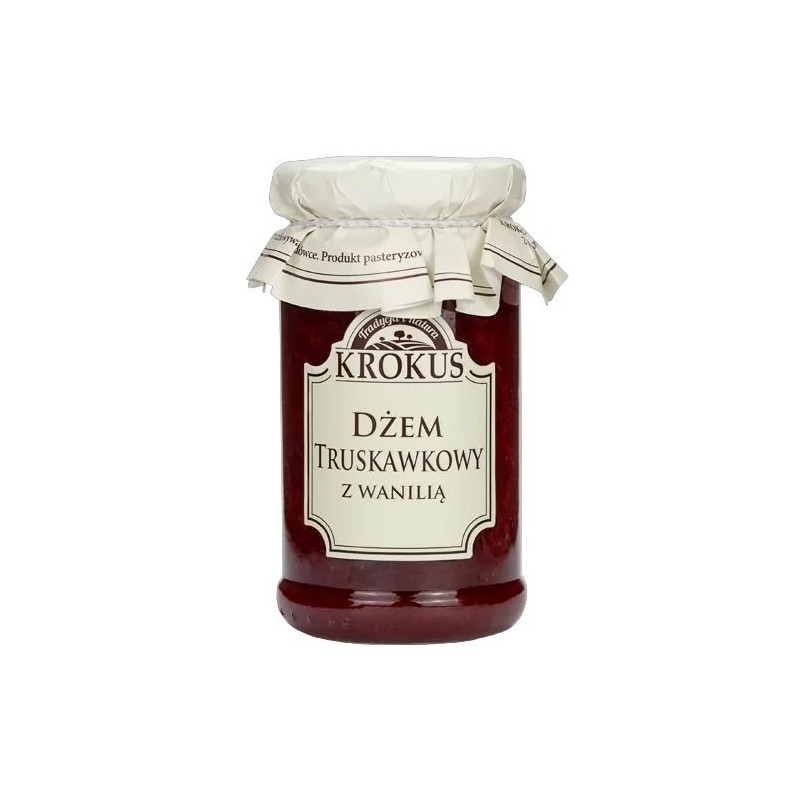 DŻEM TRUSKAWKOWY Z WANILIĄ O OBNIŻONEJ ZAWARTOŚCI CUKRU BEZGLUTENOWY 235 g - KROKUS