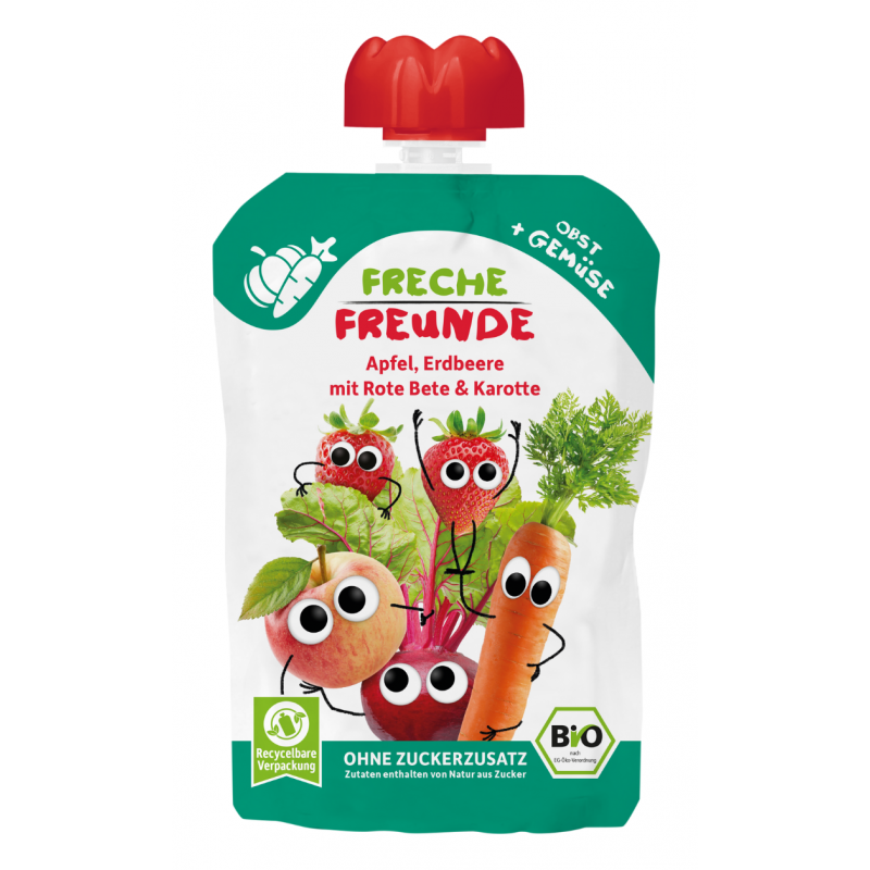 MUS JABŁKO - TRUSKAWKA - BURAK - MARCHEW BEZ DODATKU CUKRÓW BEZGLUTENOWY OD 8 MIESIĄCA BIO 100 g - FRECHE FREUNDE