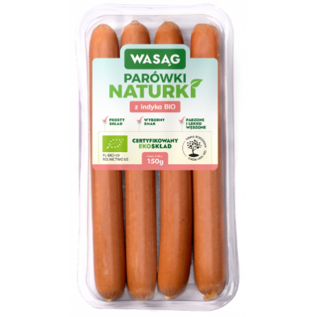 PARÓWKI Z INDYKA BIO 150 g - WASĄG (Z PÓŁKI)