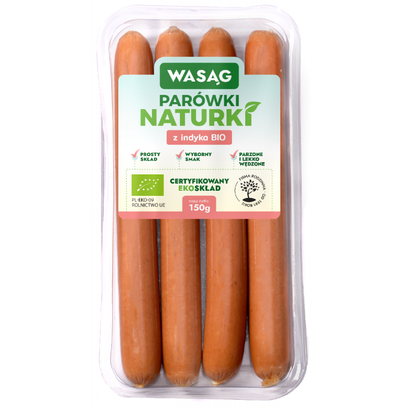 PARÓWKI Z INDYKA BIO 150 g - WASĄG (Z PÓŁKI)