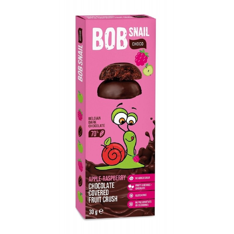 PRZEKĄSKA CHOCO JABŁKO - MALINA W CIEMNEJ CZEKOLADZIE BELGIJSKIEJ BEZ DODATKU CUKRÓW BEZGLUTENOWA 30 g - BOB SNAIL