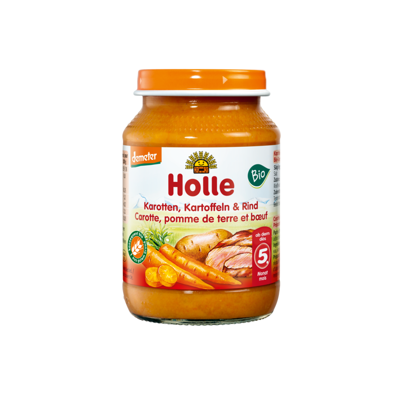 MARCHEW - ZIEMNIAK - WOŁOWINA BEZ DODATKU CUKRÓW BEZGLUTENOWE OD 5 MIESIĄCA DEMETER BIO 190 g (SŁOIK) - HOLLE