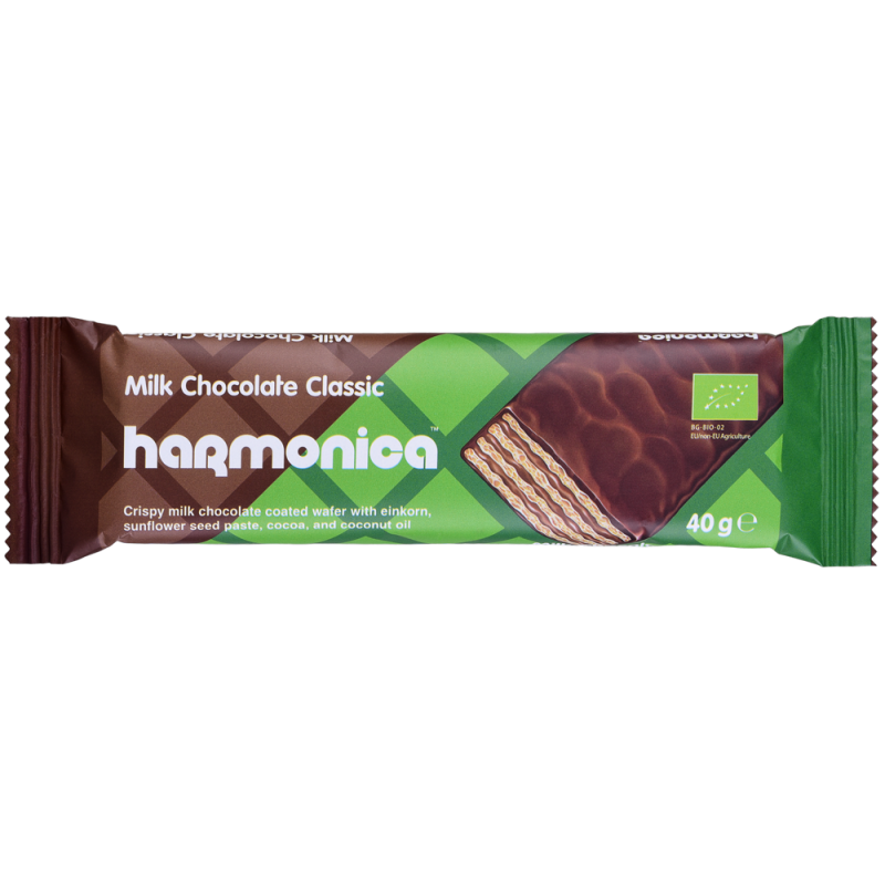 WAFELEK Z SAMOPSZY Z KREMEM MLECZNO - KAKAOWYM W POLEWIE Z MLECZNEJ CZEKOLADY BIO 40 g - HARMONICA