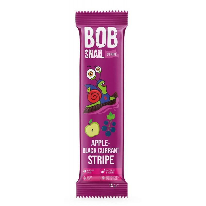 PRZEKĄSKA STRIPE JABŁKO - CZARNA PORZECZKA BEZ DODATKU CUKRÓW BEZGLUTENOWA 14 g - BOB SNAIL