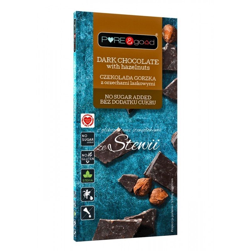 CZEKOLADA GORZKA Z ORZECHAMI LASKOWYMI ZE STEWIĄ BEZ DODATKU CUKRÓW BEZGLUTENOWA 125 g - PURE&GOOD
