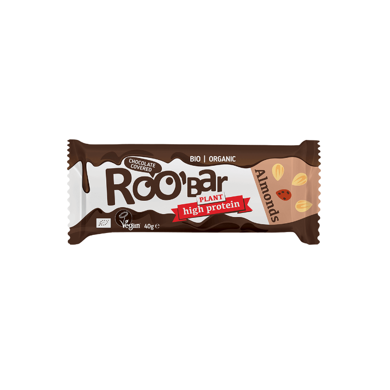 BATON PROTEINOWY Z MIGDAŁAMI W POLEWIE Z GORZKIEJ CZEKOLADY BEZGLUTENOWY BIO 40 g - ROOBAR