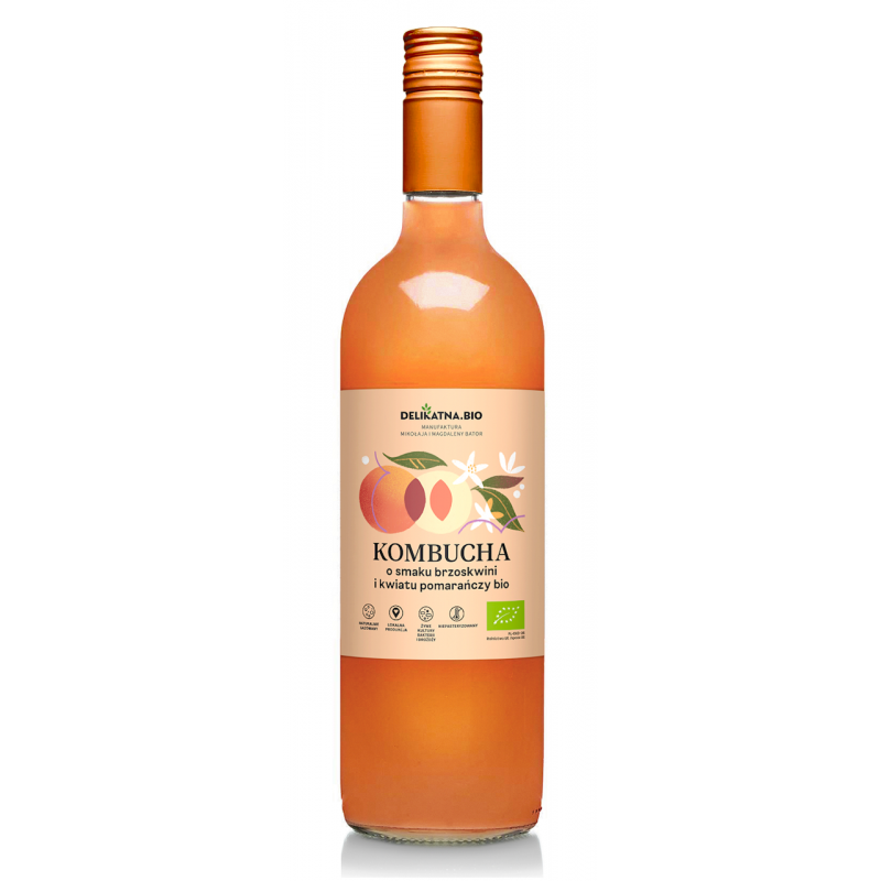 KOMBUCHA O SMAKU BRZOSKWINI I KWIATU POMARAŃCZY BIO 750 ml - DELIKATNA
