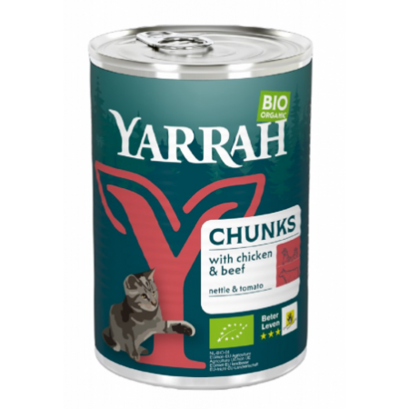 (DLA KOTA DOROSŁEGO) KAWAŁKI KURCZAKA I WOŁOWINY Z POMIDOREM I POKRZYWĄ BIO 405 g - YARRAH