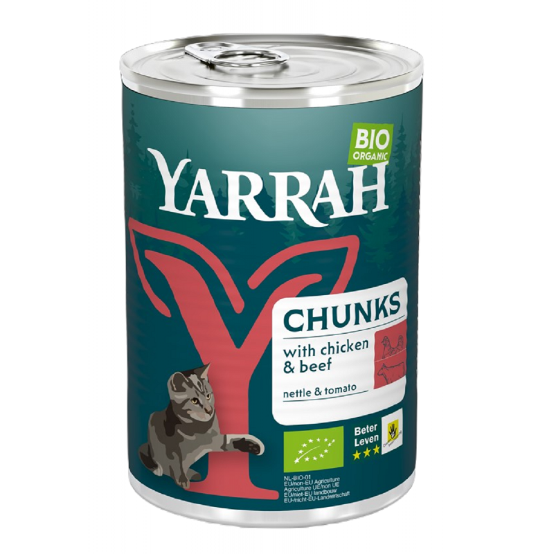 (DLA KOTA DOROSŁEGO) KAWAŁKI KURCZAKA I WOŁOWINY Z POMIDOREM I POKRZYWĄ BIO 405 g - YARRAH