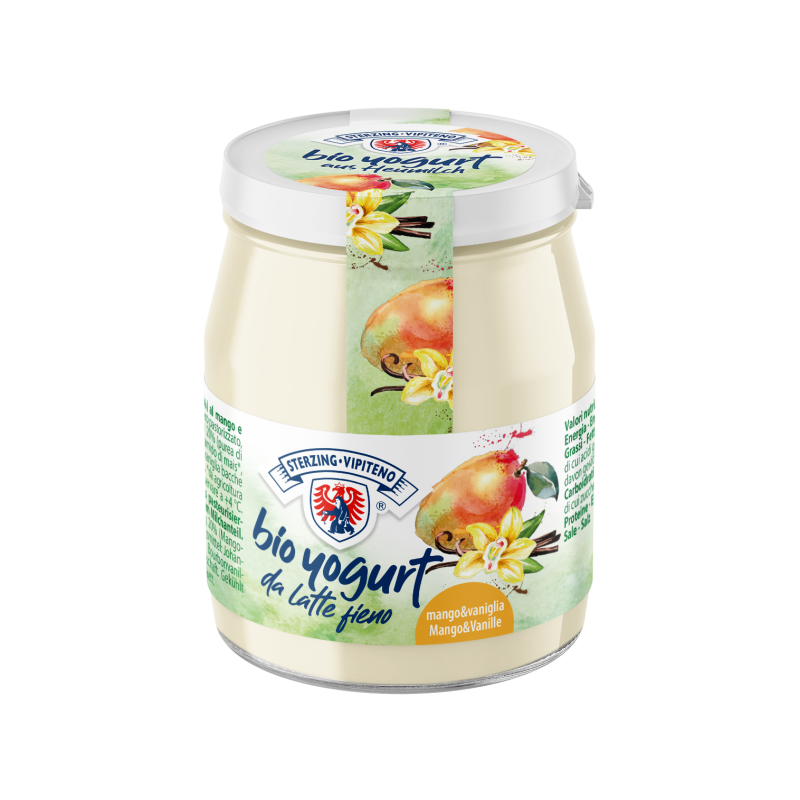 JOGURT MANGO - WANILIA Z MLEKA SIENNEGO BEZGLUTENOWY BIO 150 g (SŁOIK) - STERZING-VIPITENO