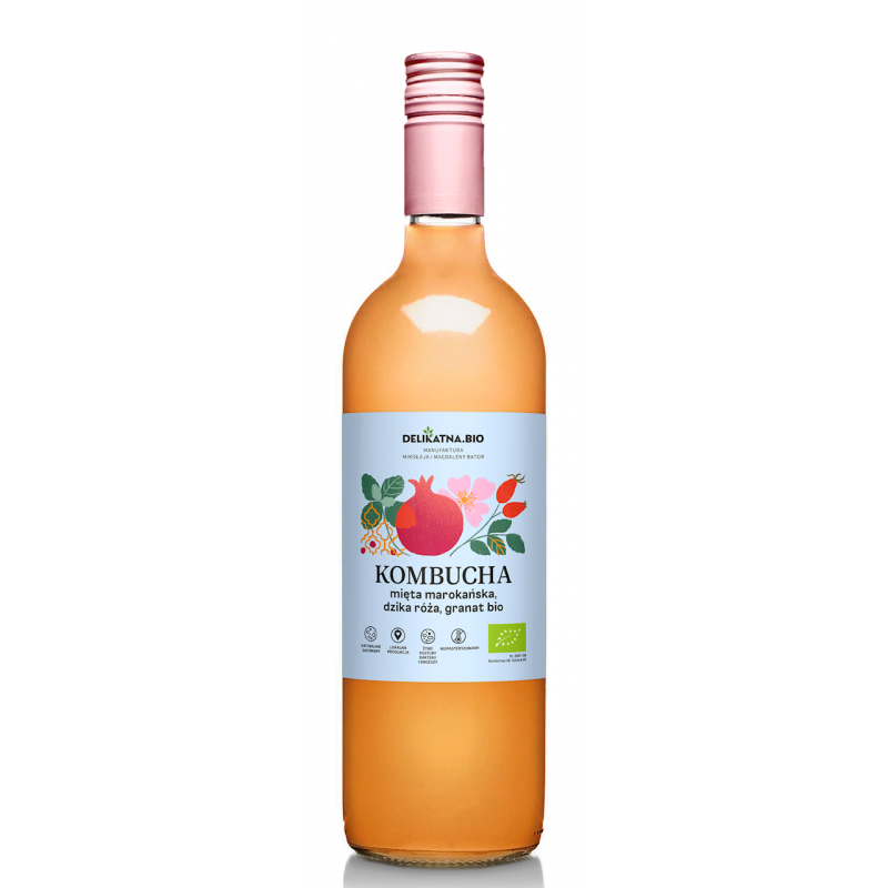 KOMBUCHA MIĘTA MAROKAŃSKA, DZIKA RÓŻA I GRANAT BIO 750 ml - DELIKATNA