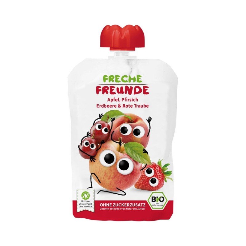 MUS JABŁKO - BRZOSKWINIA - TRUSKAWKA - WINOGRONO BEZ DODATKU CUKRÓW BEZGLUTENOWY OD 6 MIESIĄCA BIO 100 g - FRECHE FREUNDE