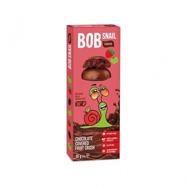 PRZEKĄSKA CHOCO JABŁKO - TRUSKAWKA W MLECZNEJ CZEKOLADZIE BIELGIJSKIEJ BEZ DODATKU CUKRU BEZGLUTENOWA 30 g - BOB SNAIL