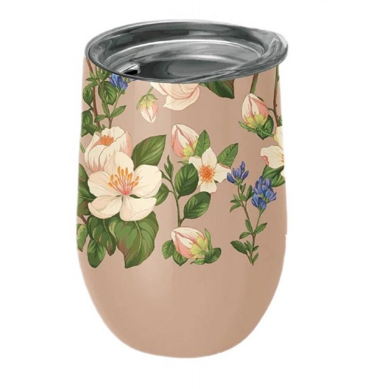 KUBEK ZE STALI NIERDZEWNEJ Z POKRYWKĄ BEŻOWY W KWIATY 420 ml - CHIC-MIC
