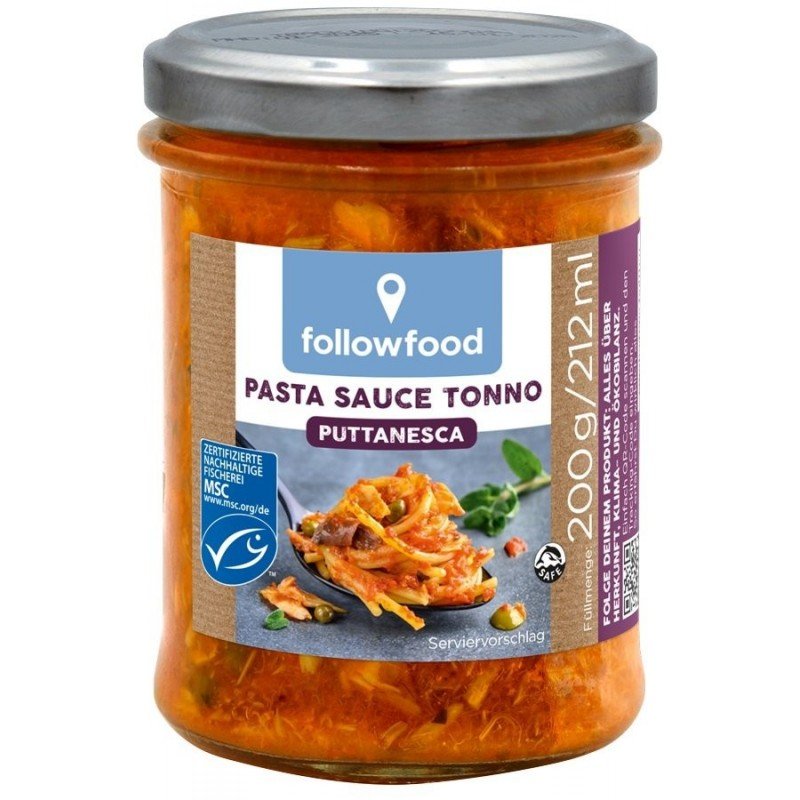 SOS POMIDOROWY W STYLU PUTTANESCA BIO Z TUŃCZYKIEM BIAŁYM MSC 200 g - FOLLOWFOOD