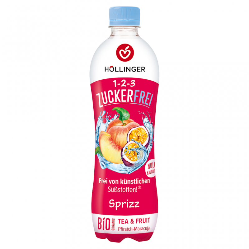 NAPÓJ GAZOWANY O SMAKU BRZOSKWINIA - MARAKUJA BEZ CUKRU BIO 500 ml - HOLLINGER
