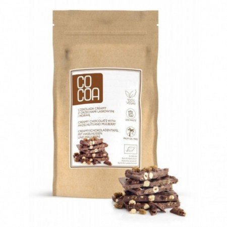 CZEKOLADA CREAMY Z ORZECHAMI LASKOWYMI I MORWĄ W KAWAŁKACH BIO 200 g - COCOA