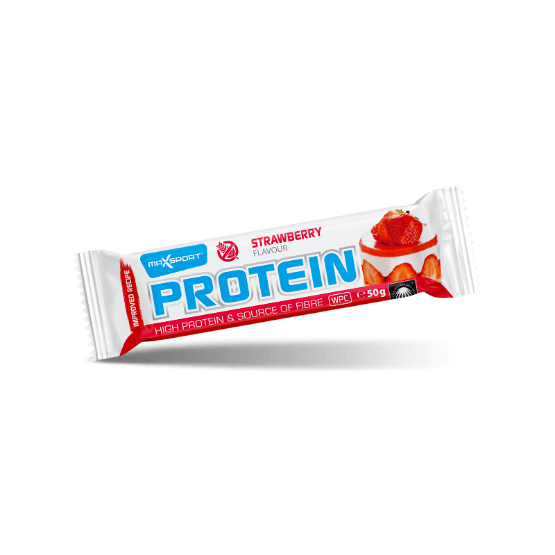 BATON PROTEINOWY O SMAKU TRUSKAWKOWYM W BIAŁEJ POLEWIE BEZGLUTENOWY 50 g - MAXSPORT