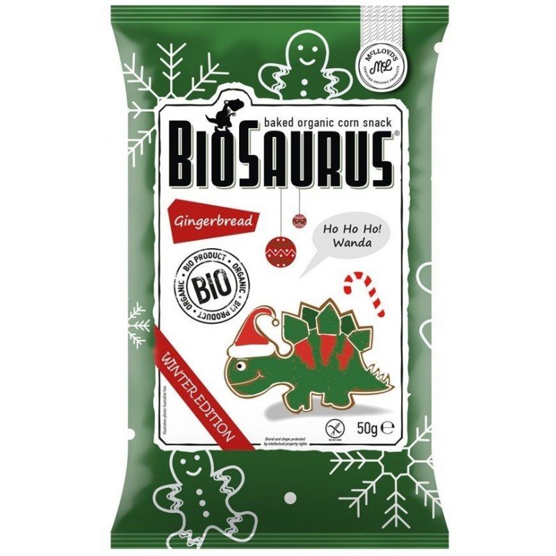 Chrupki kukurydziane Dinozaury ZIMOWE o smaku piernikowym BEZGL. BIO 50 g - BIOSAURUS