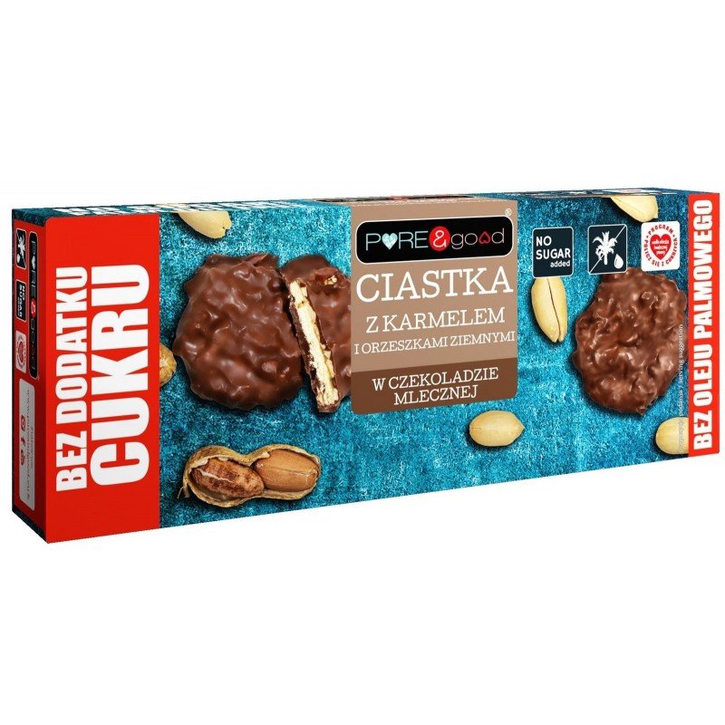 Ciastka z karmelem i z orzechami ziemnymi w czekoladzie mlecznej bez dodatku cukru 128g - PURE & GOOD