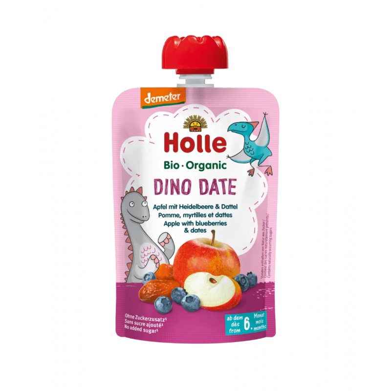 MUS W TUBCE DAKTYLOWY DINOZAUR (JABŁKO - BORÓWKI - DAKTYLE) BEZ DOD. CUKRU BEZGLUTENOWY OD 6 MIESIĄCA DEMETER BIO 100g- HOLLE