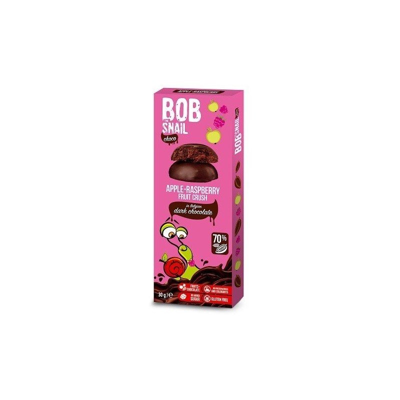 Przekąska jabłkowo-malinowa w ciemnej belgijskiej czekoladzie 30g - BOB SNAIL