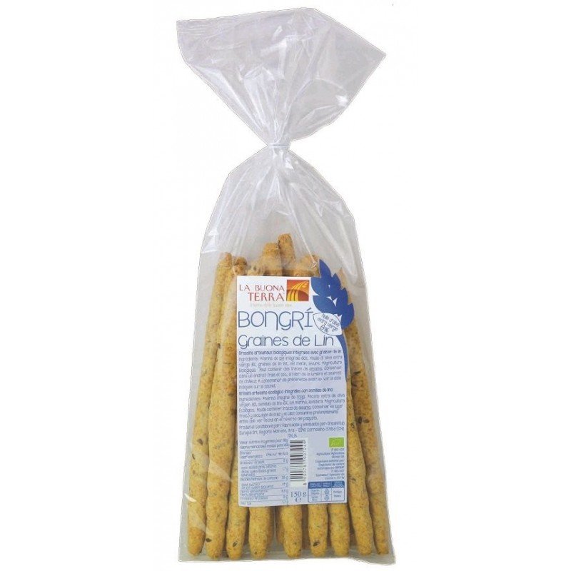 PALUSZKI CHLEBOWE RAZOWE GRISSINI Z SIEMIENIEM LNIANYM BIO 150 g - LA BUONA TERRA