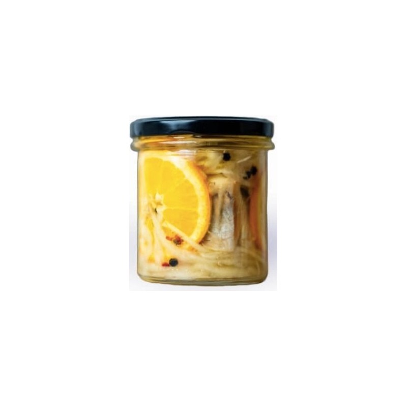 Śledź z pomarańczą i kolorowym pieprzem w marynacie cytrynowo- miodowej słoik 250g - MANUFAKTURA RYBNA