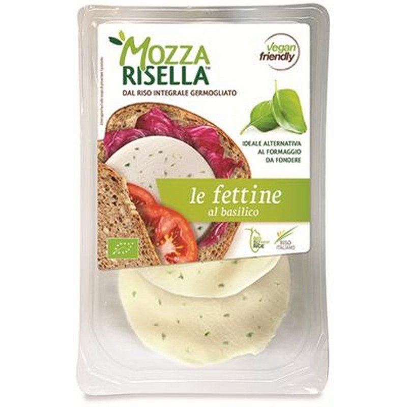 Wegańska mozzarella z ryżu pełnoziarnistego kiełkowanego w plastrach z bazylią BIO 80 g